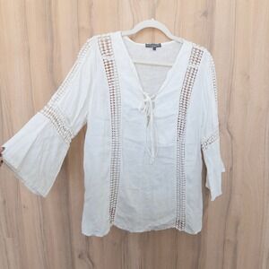 Piazza Del Tempio Womens Linen Blouse L White Crochet Lace Italy Coastal Boho